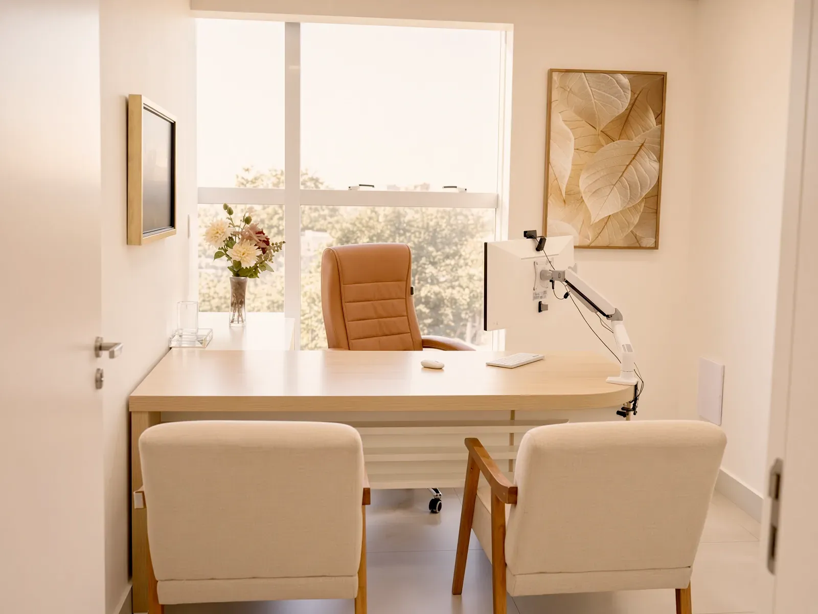 Sala de atendimento com mesa de madeira clara, duas poltronas para o paciente e janela ampla com vista para árvores