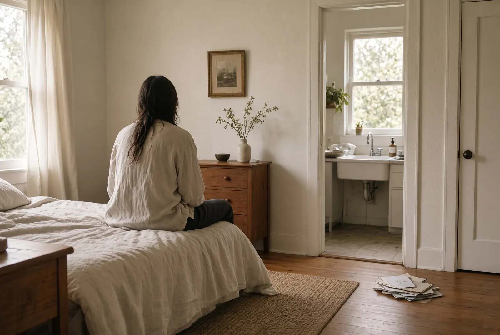 Mulher sentada na cama, de costas, em quarto iluminado