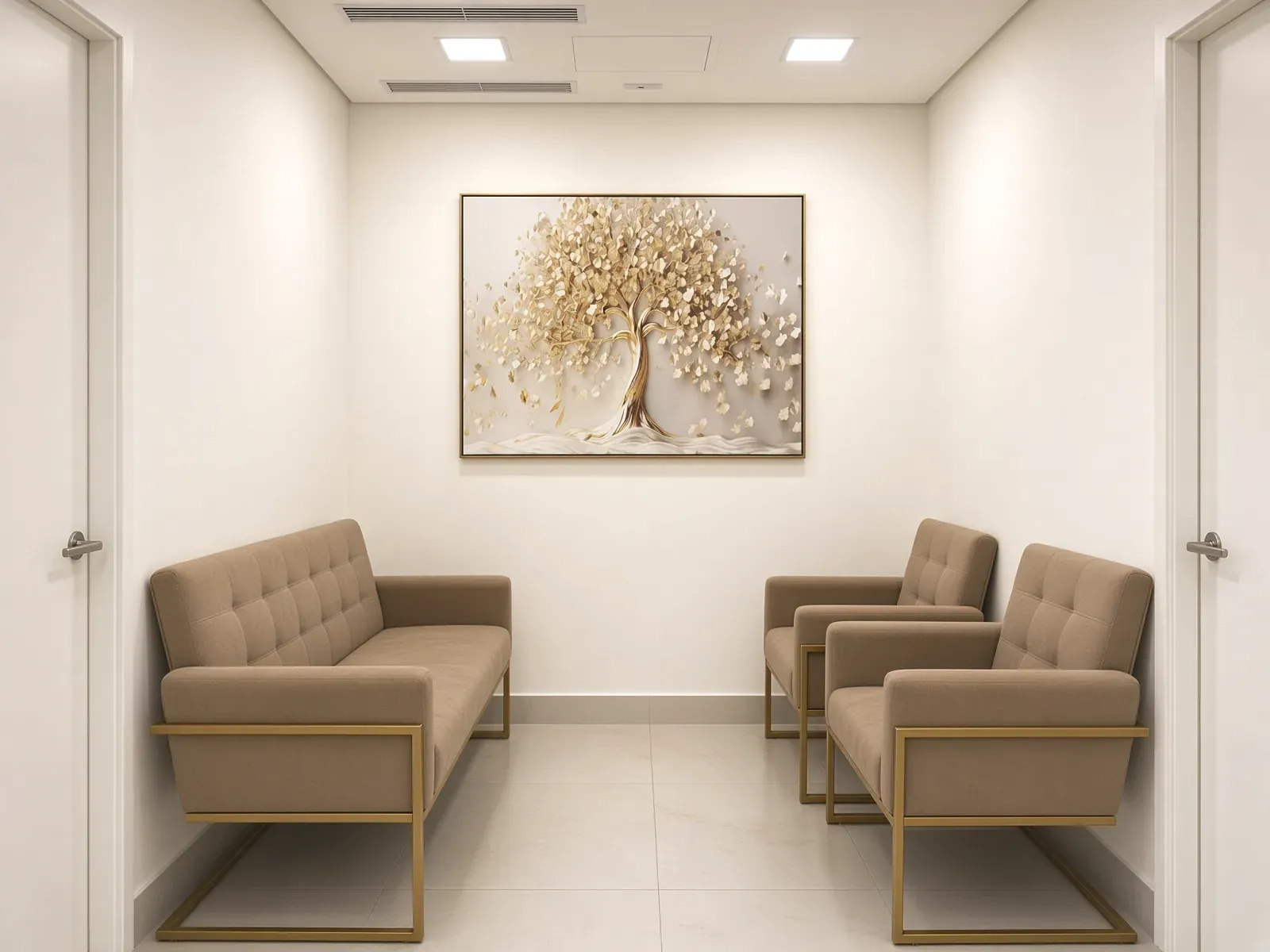 Sala de espera com sofá e duas poltronas em tecido bege e quadro de árvore dourada na parede